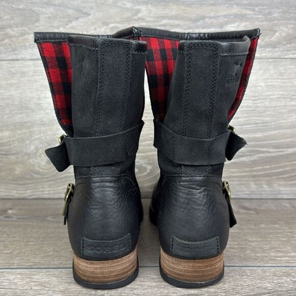Sorel Major Moto Black Leather Women’s Sz 8 Waterproof Red Plaid Fold-Over Boots - Picture 4 of 14